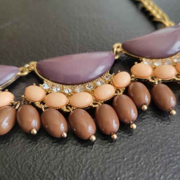 Vintage y2k Brown Pink Bib Necklace Rhinestone Gold Whimsy Boho Chic Cottage - Picture 3 of 7